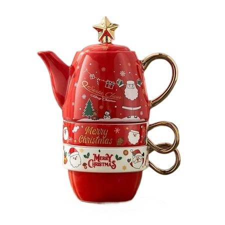 ✨TOATE PRODUSELE✨ - Set de Ceai, , Tema Craciun, Ceainic 450 ml, 2 Cani 250 ml, Model Mos Craciun, Rosu