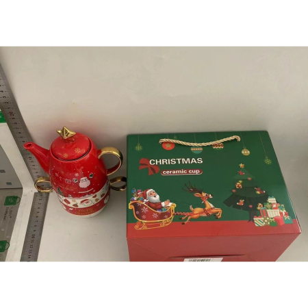 Set de Ceai, , Tema Craciun, Ceainic 450 ml, 2 Cani 250 ml, Model Mos Craciun, Rosu [1]