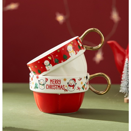 Set de Ceai, , Tema Craciun, Ceainic 450 ml, 2 x Cani 250 ml, din Ceramica, Model Ren Merry Christmas, Alb/Verde [3]