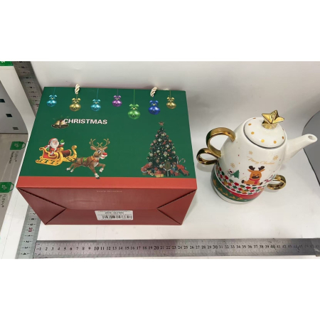 Set de Ceai, , Tema Craciun, Ceainic 450 ml, 2 x Cani 250 ml, din Ceramica, Model Ren Merry Christmas, Alb/Verde [2]