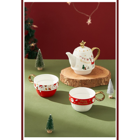 Set de Ceai, , Tema Craciun, Ceainic 450 ml, 2 x Cani 250 ml, din Ceramica, Model Ren Merry Christmas, Alb/Verde [4]