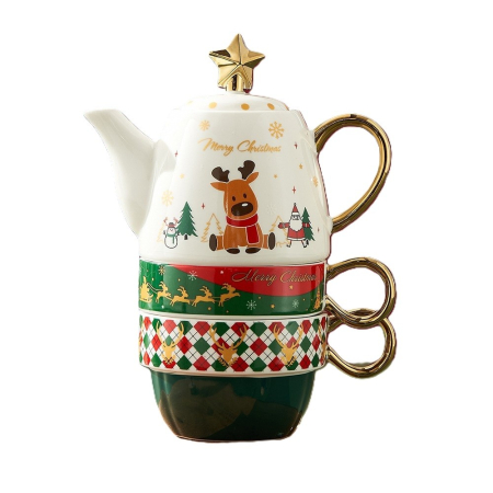 Set de Ceai, , Tema Craciun, Ceainic 450 ml, 2 x Cani 250 ml, din Ceramica, Model Ren Merry Christmas, Alb/Verde [0]