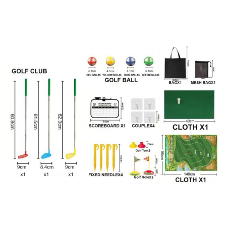Set de Golf, , Interactiune Parinte-Copil, Covor de Golf, 140 x 98 cm, 4 Mingii cu Scai, 3 Crose Reglabile, Model A, +3 Ani, Multicolor [2]