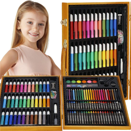 Set de pictura si desen pentru copii, 150 de piese, trusa lemn maro [16]