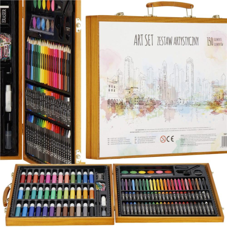 Set de pictura si desen pentru copii, 150 de piese, trusa lemn maro [1]