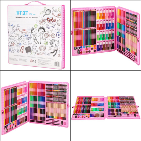 Set de pictura si desen pentru copii, 258 de piese, trusa plastic roz [3]