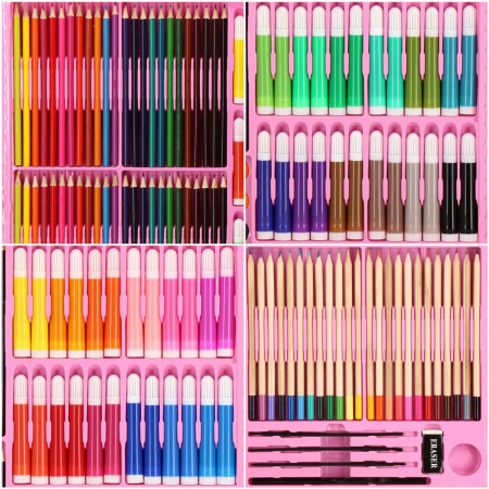 Set de pictura si desen pentru copii, 258 de piese, trusa plastic roz [23]