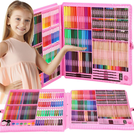 Set de pictura si desen pentru copii, 258 de piese, trusa plastic roz [37]