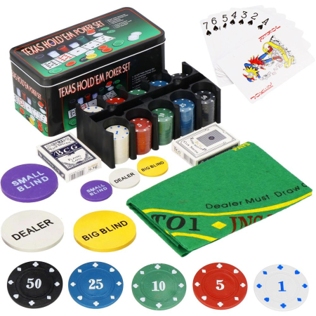 Disponibil livrare locker S - Set de Poker Complex cu 200 de jetoane, covoras verde, 2 seturi de carti, in cutie metalica