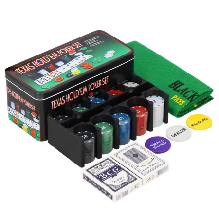 Set de Poker Complex cu 200 de jetoane, covoras verde, 2 seturi de carti, in cutie metalica [1]