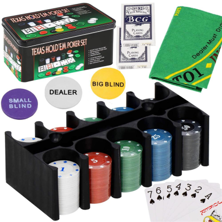 Set de Poker Complex cu 200 de jetoane, covoras verde, 2 seturi de carti, in cutie metalica [12]