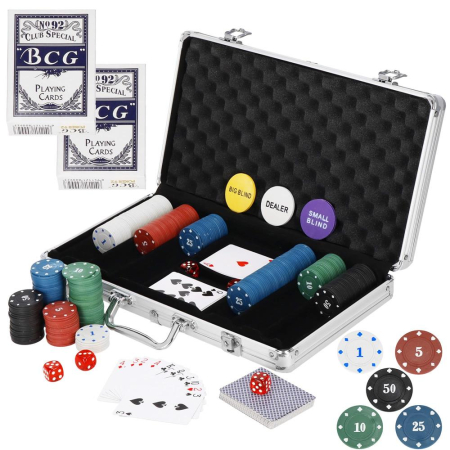Disponibil livrare locker S - Set de Poker Complex cu 300 de jetoane, 2 seturi de carti, 5 zaruri, in servieta aluminiu