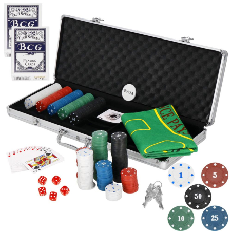 Disponibil livrare locker S - Set de Poker Complex cu 500 de jetoane, covoras verde, 2 seturi de carti, 5 zaruri, in servieta aluminiu