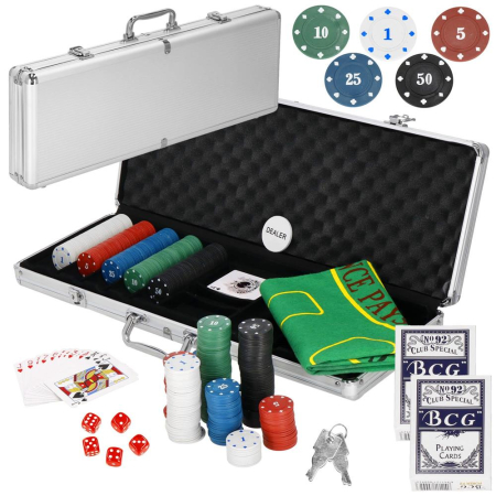Set de Poker Complex cu 500 de jetoane, covoras verde, 2 seturi de carti, 5 zaruri, in servieta aluminiu [11]
