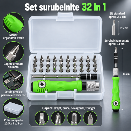 Unelte, Scule & Piese Accesorii - Set Surubelnite 32-in-1 cu Clichet, 30 Capete Cromate, Extensie si Maner Verde - ORIGINAL DEALS