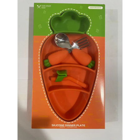 Set diversificare bebelusi , din silicon, 23.5 x 12.5 cm, 1 farfurie compartimentata in forma de morcov, lingurita si furculita, pai, perie pai, fara alergeni, ventuza fixare, forma creativa, portocaliu [6]