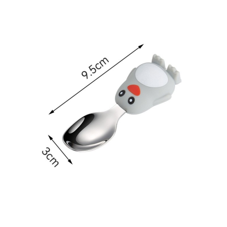 Set diversificare bebelusi , din silicon, 23.5 x 12.5 cm, 1 farfurie compartimentata in forma de pinguin, lingurita si furculita, pai, perie pai, fara alergeni, ventuza fixare, forma creativa, gri [2]