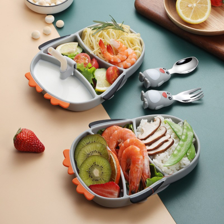 Set diversificare bebelusi , din silicon, 23.5 x 12.5 cm, 1 farfurie compartimentata in forma de pinguin, lingurita si furculita, pai, perie pai, fara alergeni, ventuza fixare, forma creativa, gri [6]