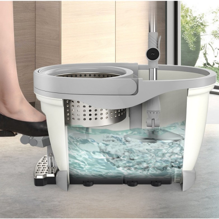 Set Galeata cu Pedala si Mop Rotativ 360°, , Cu Actiune Centrifuga x4, Pentru Uz Casnic, Maner din Otel Inoxidabil Telescopic, 2 Capte din Bumbac, 46x30x28 cm, Alb Ivoir [2]