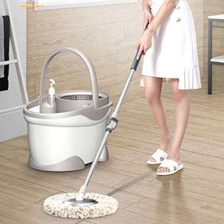 Set Galeata si Mop Rotativ 360°, , Cu Dubla Actiune Centrifuga, Pentru Uz Casnic, Maner din Otel Inoxidabil Telescopic, 2 Capte din Bumbac, 46x27x29 cm, Alb [3]