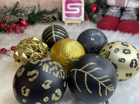 Set globuri de Craciun, 16 bucati, 8cm, 6 modele, negru auriu [15]