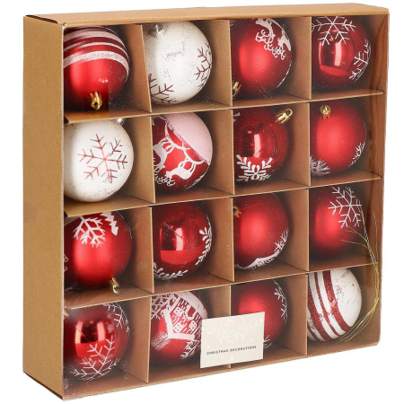 Disponibil livrare locker S - Set globuri de Craciun, 16 bucati, 8cm, 8 modele, rosu alb