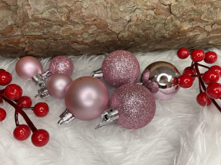 Set globuri de Craciun, 25 bucati, 3 modele, 2,5cm si 4cm, roz [15]