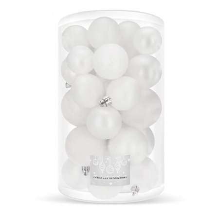 Disponibil livrare locker S - Set globuri de Craciun, 30 bucati, 3 modele, 4/5/6cm, alb