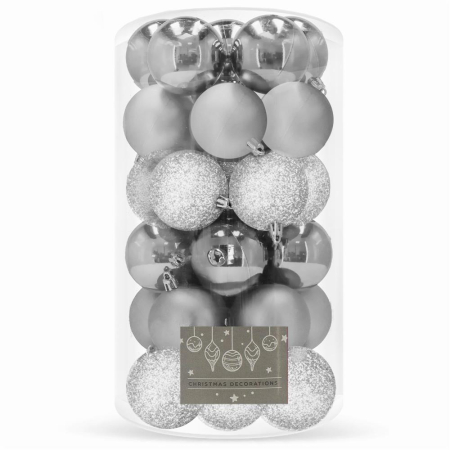 Globuri de Craciun - Set globuri de Craciun, 30 bucati, 3 modele, 6cm, argintiu