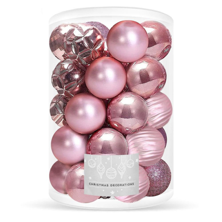 Disponibil livrare locker S - Set globuri de Craciun, 30 bucati, 6 modele, 8cm, roz