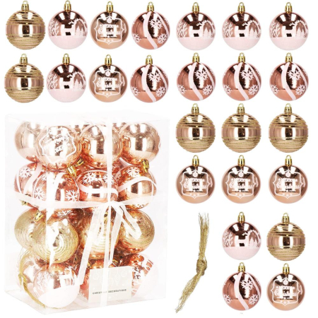 Set globuri de Craciun cu modele de sarbatori, 24 bucati, 6cm, rose [12]