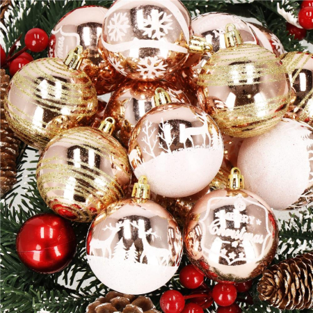 Set globuri de Craciun cu modele de sarbatori, 24 bucati, 6cm, rose [8]