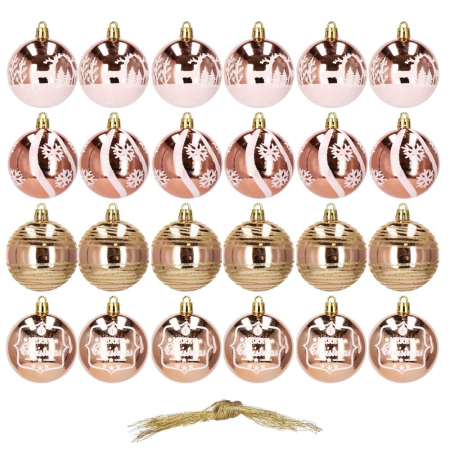 Set globuri de Craciun cu modele de sarbatori, 24 bucati, 6cm, rose [11]