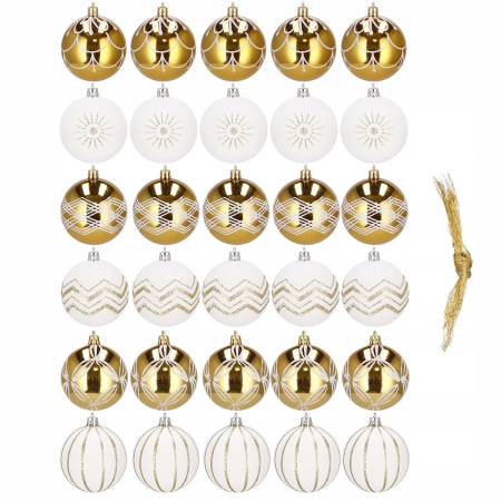 Set globuri de Craciun cu modele de sarbatori, 30 bucati, 5cm, alb auriu [9]