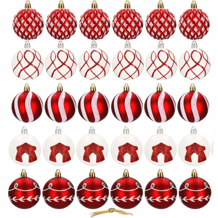 Set globuri de Craciun cu modele de sarbatori, 30 bucati, 6cm, alb rosu [7]