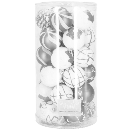 Disponibil livrare locker S - Set globuri de Craciun cu modele de sarbatori, 30 bucati, 6cm, argintiu