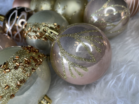 Set globuri de Craciun cu modele de sarbatori, 30 bucati, 6cm, roz si auriu [14]