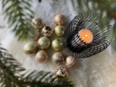 Set globuri de Craciun cu modele de sarbatori, 30 bucati, 6cm, roz si auriu [13]