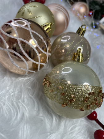 Set globuri de Craciun cu modele de sarbatori, 30 bucati, 6cm, roz si auriu [21]