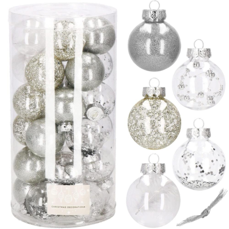 Set globuri de Craciun Inedit, 30 bucati, 6cm, transparente si argintiu [1]