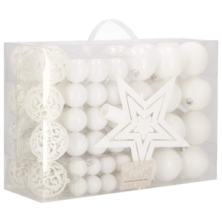 Disponibil livrare locker S - Set globuri si decoratiuni de Craciun, 100 piese, diverse dimensiuni cu stea, alb