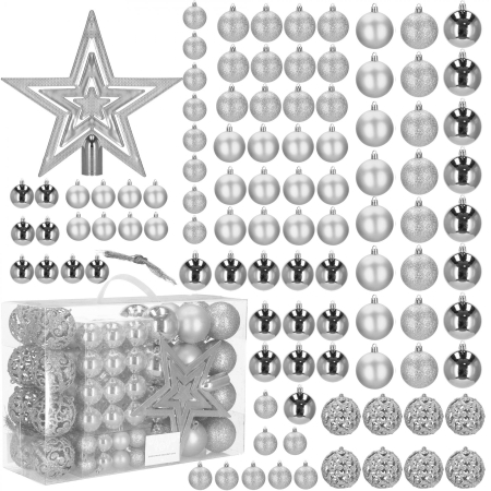 Set globuri si decoratiuni de Craciun, 100 piese, diverse dimensiuni cu stea, argintiu [2]