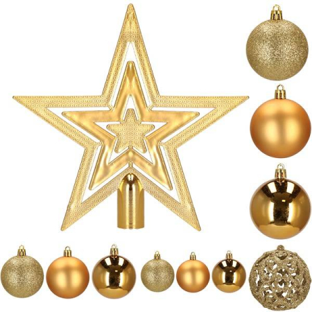 Set globuri si decoratiuni de Craciun, 100 piese, diverse dimensiuni cu stea, auriu [9]