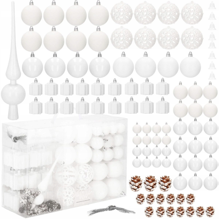 Set globuri si decoratiuni de Craciun, 101 piese, diverse dimensiuni, alb [7]