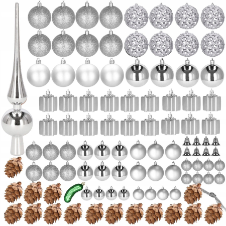 Set globuri si decoratiuni de Craciun, 102 piese, diverse dimensiuni, argintiu [5]