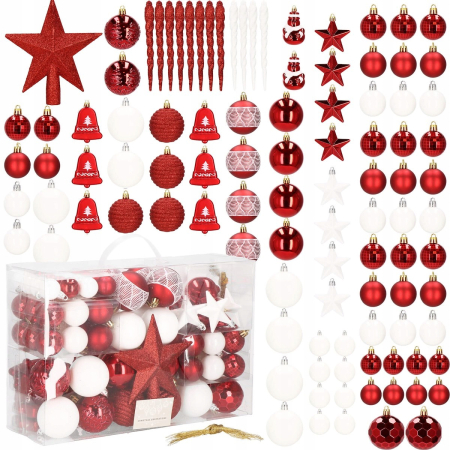 Set globuri si decoratiuni de Craciun, 105 piese, diverse dimensiuni, alb rosu [1]