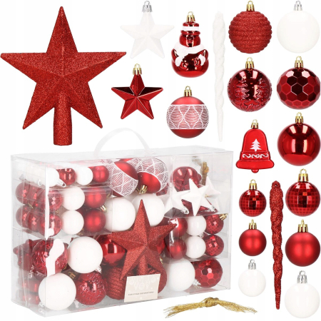 Set globuri si decoratiuni de Craciun, 105 piese, diverse dimensiuni, alb rosu [10]