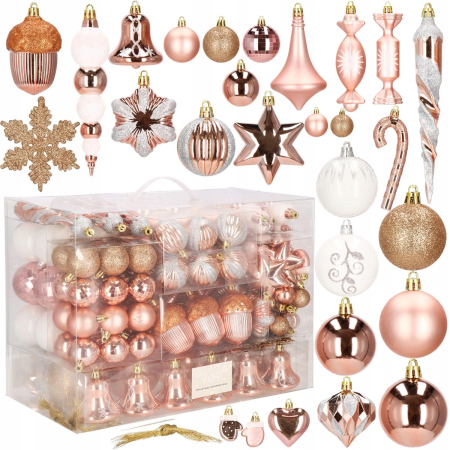 Set globuri si decoratiuni de Craciun, 152 piese, diverse dimensiuni, roz auriu [8]