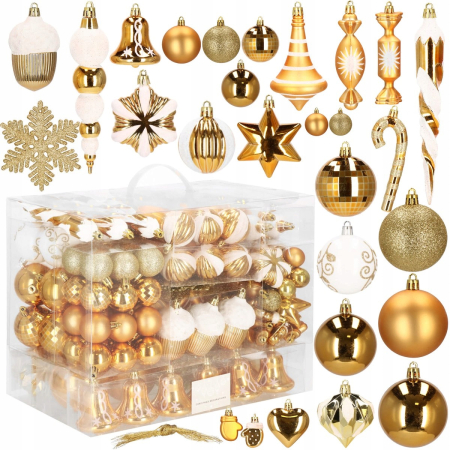 Set globuri si decoratiuni de Craciun, 155 piese, diverse dimensiuni, auriu [8]