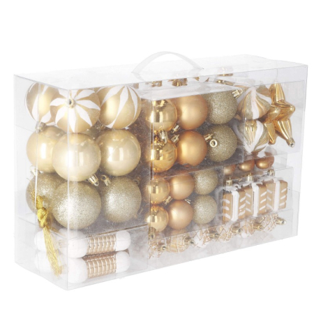 Disponibil livrare locker S - Set globuri si decoratiuni de Craciun, 77 piese, diverse dimensiuni, auriu